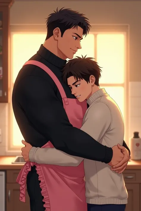 Yoo Joonghyuk is cooking in a pink ruffly apron and black turtleneck, he is tall and muscular and has broad chest and an annoyed face. Kim Dokja hugs him from behind, he is just slightly slimer, wearing white turtleneck, his head is on Joonghyuks shoulder ...