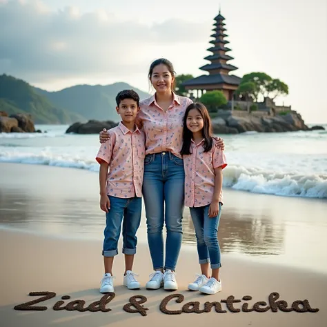 Professional photography of a 30 year old Indonesian young mother , a 1 son and an  daughter, wearing a matching blue patterned shirt, matching jeans, and matching sneakers, on vacation and posing on Kuta Beach Bali with writing in the sand "ziad & cantika...