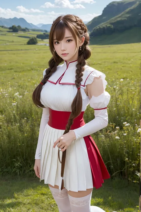 masterpiece, Best Quality, High resolution, aa Asuna, l○ng hair, br○wn hair, Braiding, br○wn eyes, bare sh○ulders, arm○r, breastplate, White sleeves, Removable sleeves, Red Skirt, Pleated skirt, White knee socks, glass, Field, Waliza, :○