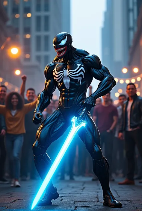 Venom, holding glowing big blue sword, crowd of people looking venom they are chiring and hapoy celebtating in the background, urban setting, lively atmosphere, powerful stance, looking forward. Onlookers in casual attire stand nearby, while the background...