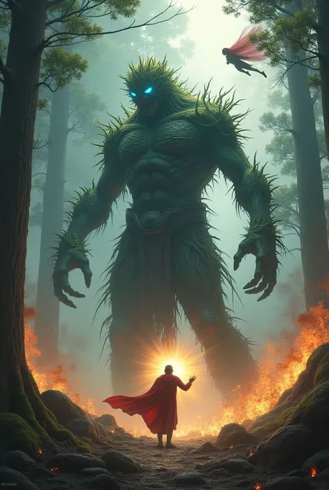 Create the following illustration:

In the middle of a forest with huge trees, and strong tense fog. There is a battle going on. Much of the forest is on fire.

In the middle of it is a titan, rosbusto, tree-like, spiny, hard skin, greenish hair similar to...