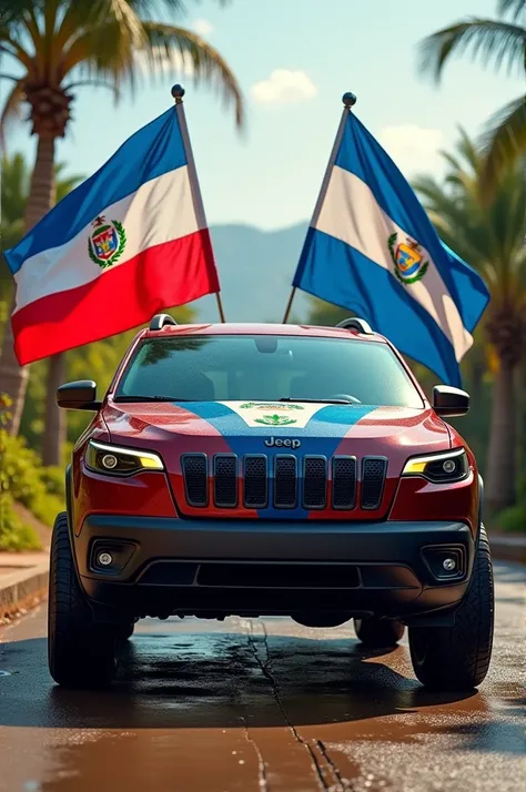 2019 Jeep Cherokee with the flag of El Salvador and Honduras