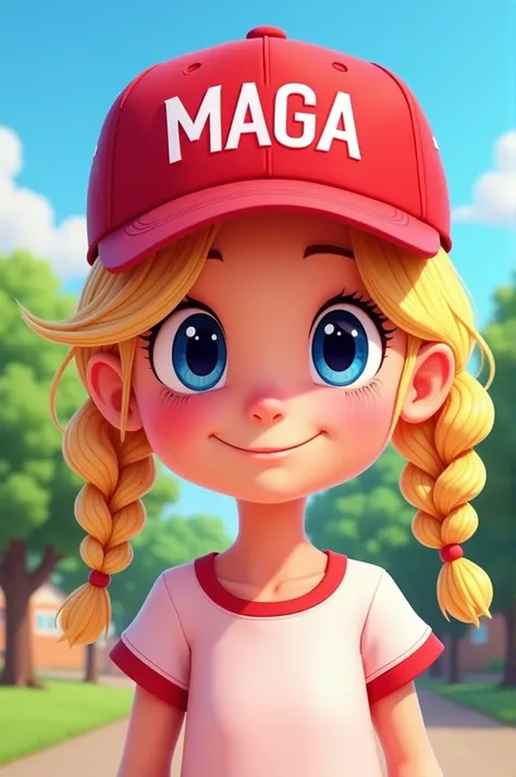 Blonde cartoon girl wearing a red maga hat 