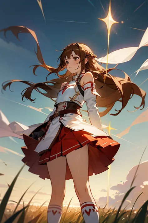 masterpiece, Best Quality, High resolution, aa Asuna, long hair, brown hair, Braiding, brown eyes, bare shoulders, armor, breastplate, White sleeves, Removable sleeves, Red Skirt, Pleated skirt, White knee socks, glass, Field, Waliza, :○