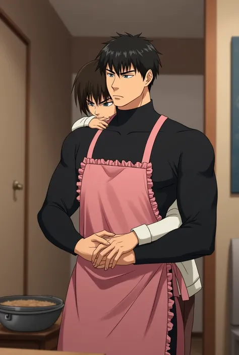 Yoo Joonghyuk is cooking in a pink ruffly apron and black turtleneck, he is tall and muscular and has broad chest and an annoyed face. Kim Dokja is standing behind Joonghyuk, he is just slightly slimer, wearing white turtleneck, his head is on Joonghyuks s...