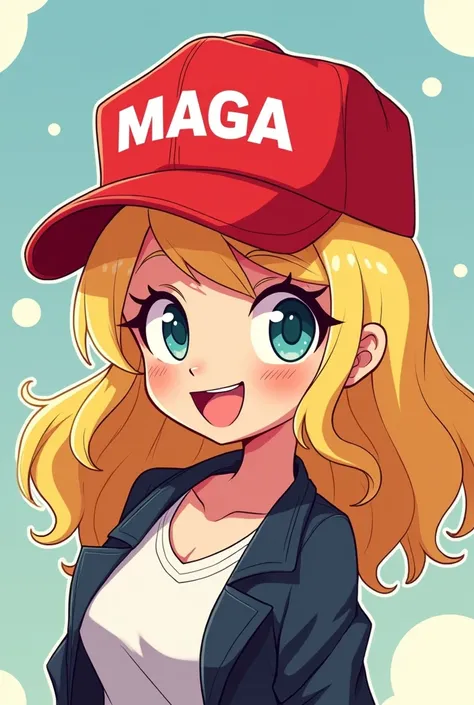 Blonde cartoon woman wearing a red maga hat 