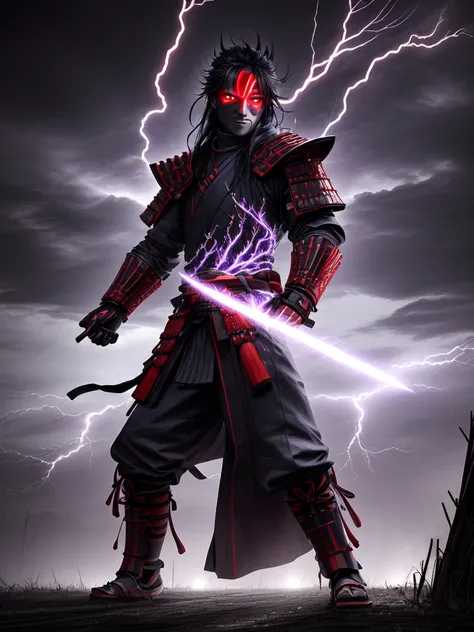 A dark-faced samurai warrior with glowing red eyes, wearing traditional samurai armor, his face partially obscured by a menacing mask, standing in a stormy battlefield. He is charging his ultimate ability, with intense purple lightning crackling around his...