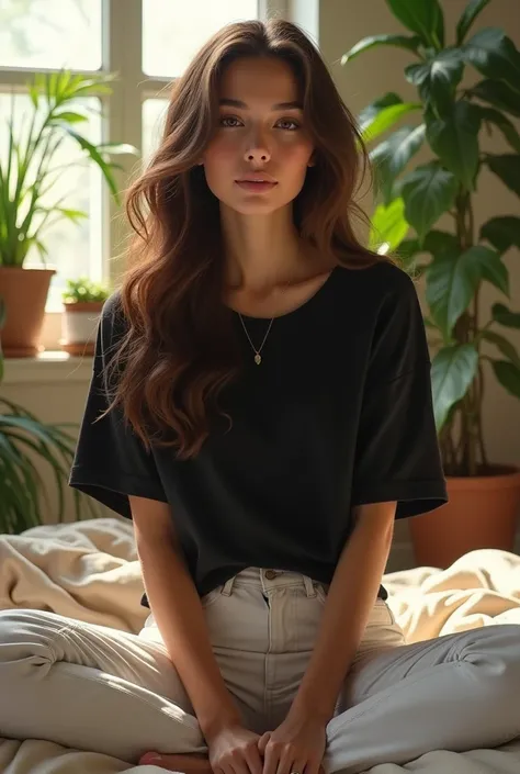 (photorealism:1.2), beautiful woman, sitting on bed, wearing loose black t-shirts and white jeans, long curly hair, indoors, soft lighting, plants in background, window with sunlight, cozy room, relaxed pose, realistic, intricate details, warm colors, by G...