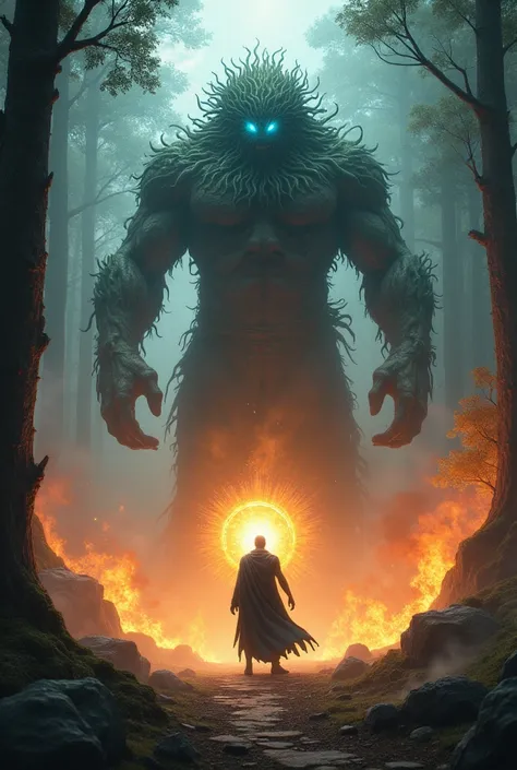 Create the following illustration:

In the middle of a forest with huge trees, and strong tense fog. There is a battle going on. Much of the forest is on fire.

In the middle of it is a titan, rosbusto, tree-like, spiny, hard skin, greenish hair similar to...