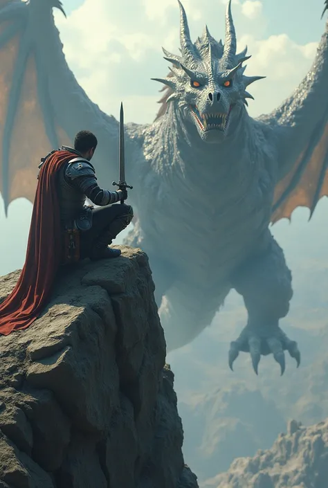 PICTURE OF A HERO HOLDING A SHARP SWORD SITTING ON A HIGH ROCK LOOKING AT A LARGE DRAGON
