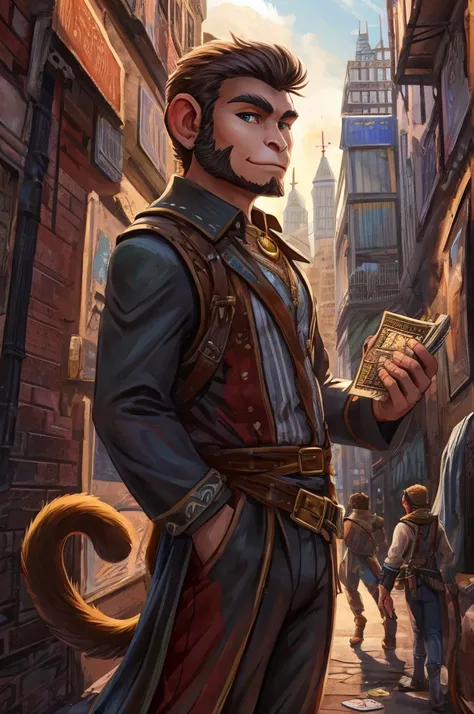 ((best quality)), ((good quality)), adventurer, monkey, dextrous, holding tarot cards, city, alley, perfect hands, long tail, humanoid face, close up, smirking, fuck me eyes