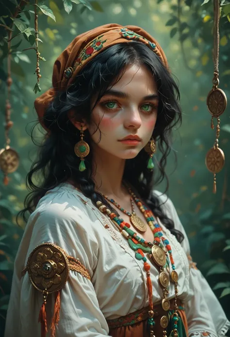 A gypsy girl with green eyes and black hair, white blouse with medals&#39;or et jupe rouge à volants, colliers de coquillages.