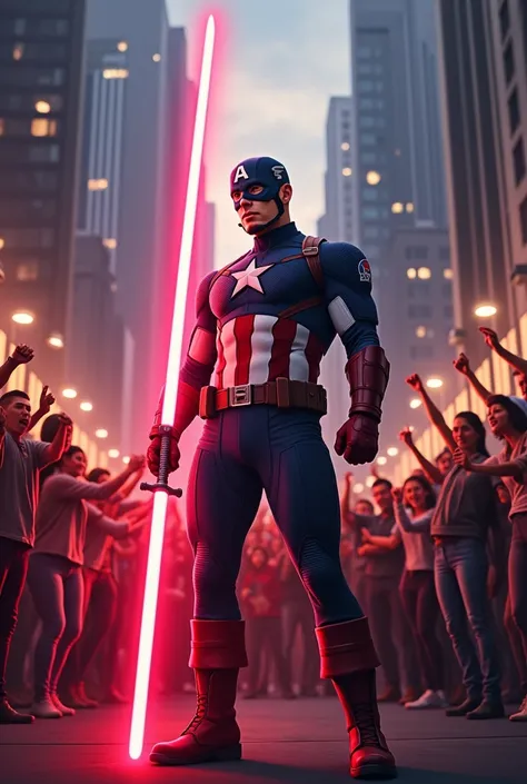 Captain america, holding glowing red sword, crowd of people looking venom they are chiring and hapoy celebtating in the background, urban setting, lively atmosphere, powerful stance, looking forward. Onlookers in casual attire stand nearby, while the backg...