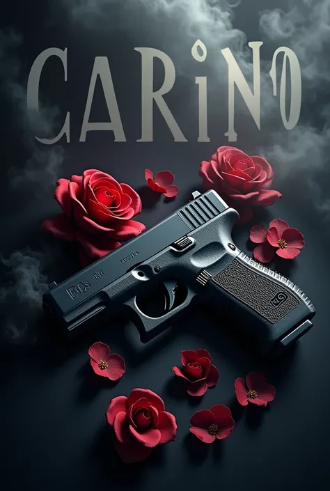 Create me a book cover of Dark Romance with Written the title: Cariño, vertically. It must have smoke rising upwards, it must appear on the cover, a glock 27 with roses on the sides. 