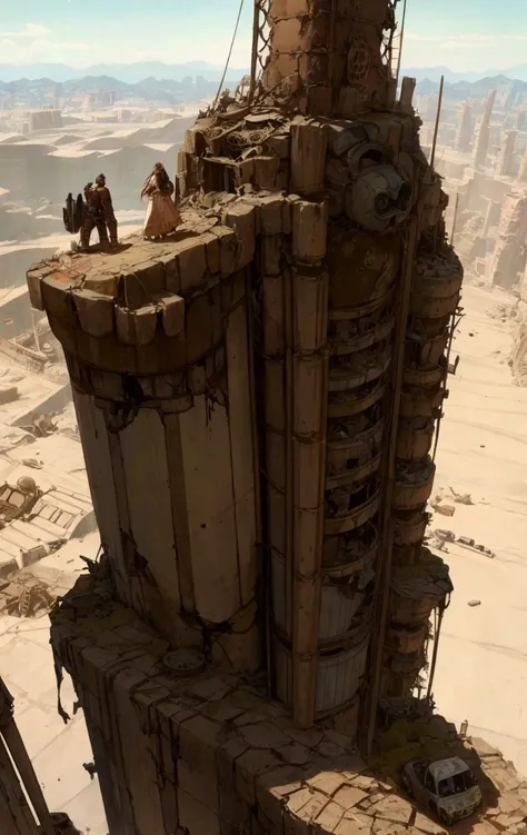 Image of a 4 muscular man and a woman looking down from a mountain at a ruined steampunk city in an apocalyptic universe with a desert ahead and full of destroyed and rusted cars. And with front and side and above 