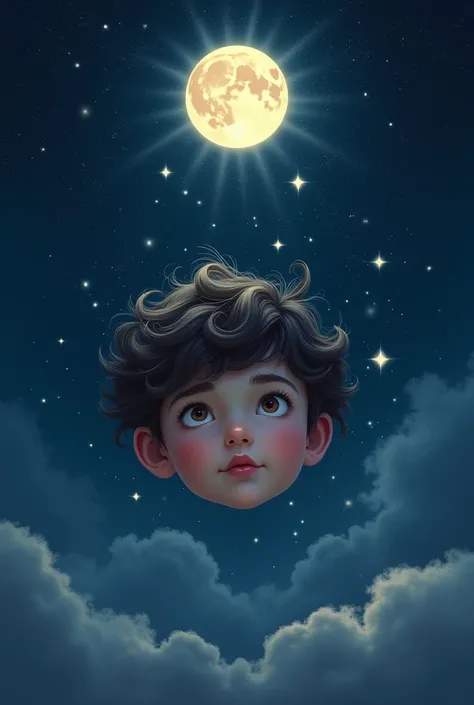 🌝 with bold head as boy in sky with ✨