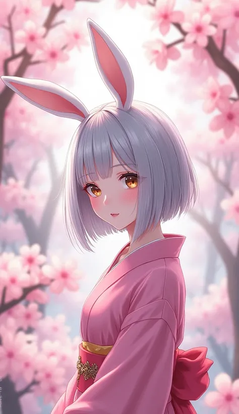 woman。solo, One girl, High resolution, Hair color: silver。Bob hairstyle。anime。Bunny ears。Kimono Pink。Background cherry blossom。