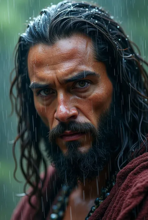 Close-up of Jesus in the rain, ,Photorealism, Jason Momoa as Assyrian, 9gag, visually striking scene, water manipulation with photoshop