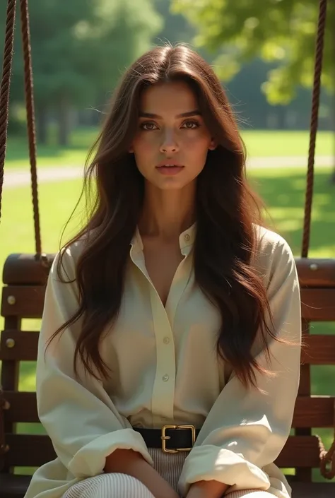 A girl 25 years look like ayeza khan having a fair white skin tone hazel eyes brown hairs wearing Gucci shirt and paint and a full picture from far she is sitting in a swing in a park