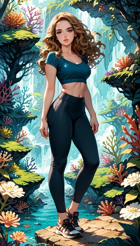 Dark Fantasy Art of score_9, score_8_up, score_7_up, rating_questionable, fantasy, lighting, epiCPhoto 1girl, very sexy (Hermione Ganger, cartoon of hrmgrgr, long wavy hair, light brown hair, brown eyes:1.1), beautiful waifu, yogapants, coral yoga pants, s...