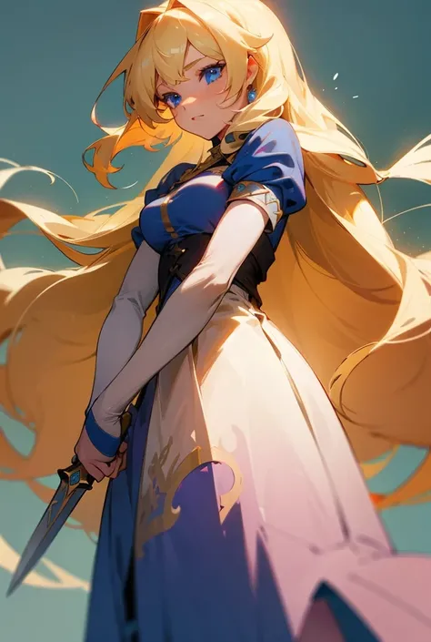 Romance fantasy female protagonist with long blonde hair, wearing a princess dress, and blue eyes.
Holding a knife Blood stained on her gorgeous white dress