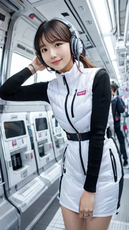 (Best Quality), (masterpiece), 1080P, High resolution, 4K, 8k, Inside the space station、Futuristic room、One Woman,20yo,astrovest,white shiny latex astrovest, black long sleeves,white down skirt,BREAK Shooting from directly below,Composition seen from below...