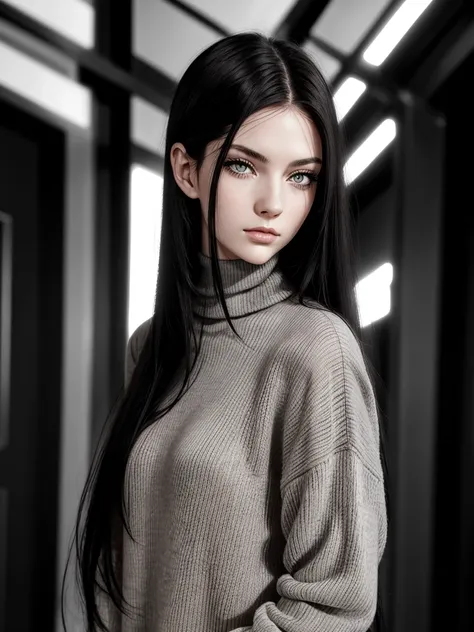 (best quality), 1girl, female, pale skin, (black hair), long hair, straight hair, grey eyes, perfect eyes, turtleneck sweater, s...