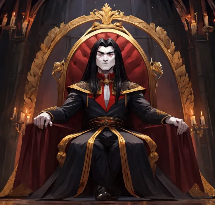 A Noble Vampire man with long black hair With inverted eyes in color and very strong sitting on a throne without a bomb-bursting suit