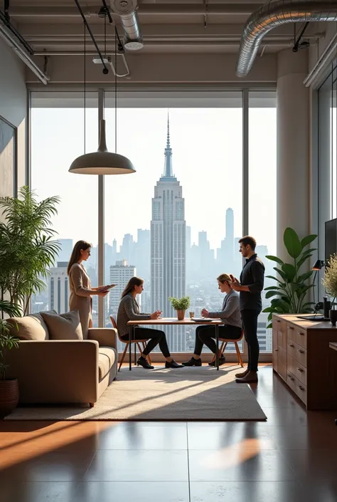 An interior design company. Employees, design, creative. friendly. Glass. minimalistic. high resolution. 8K3D-Rendering, person perspective. First person perspective. Skyline New york high resolution, high resolution, 3D-Rendering, Decorative art, OctaneRe...