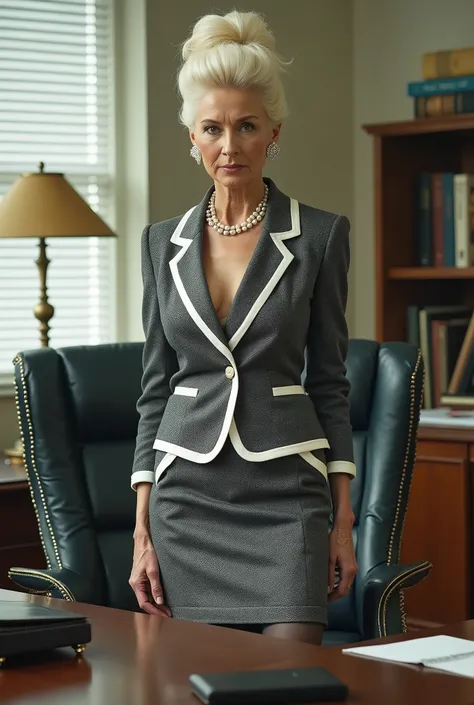 Old business woman (in her early sixties)  at her office desk, confident, chin up, platinum blonde hair (top beehive bun, no fringe, no bangs) wearing a tight dark grey chanel cropped jacket with wide white trim and dark grey tweed chanel skirt with white ...