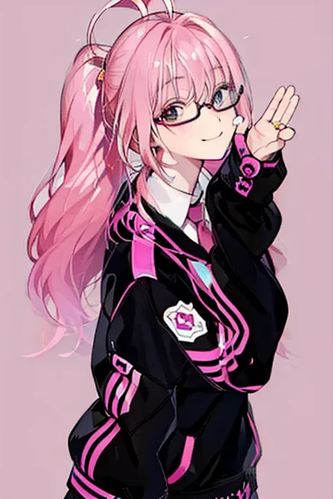 pink hair,ponytail,glasses,certified social worker,smile,simple background