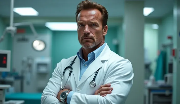 "Create an image of Arnold Schwarzenegger standing in a hospital, dressed in a doctors outfit. He is looking directly at the camera in a close-up view. His wristwatch is prominently displayed, showing the time 20:49 on its face. The background should inclu...