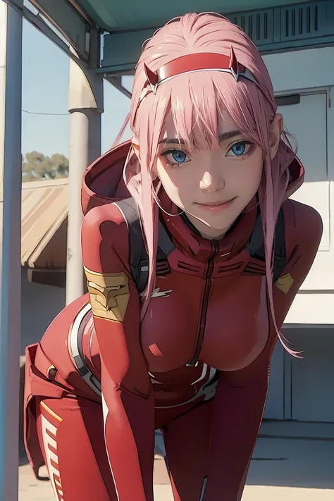 ((best quality)),((highly detailed)),masterpiece,absurdres,detailed face,beautiful face,((detailed eyes, deep eyes)),(1girl),((dynamic pose)), Zero_Two, green eyes, 1girl, solo, red bodysuit, long hair, pilot suit, pink hair, bodysuit, straight hair, hairb...