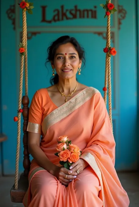 A beautiful fair skin tone 40 years women sitting on a antique swing and holding some rose flowers in her hand wearing indian traditional pattu saree orange and pink colour. Backgroun a blue colour wall her name "LAKSHMI" in dark colour on wall