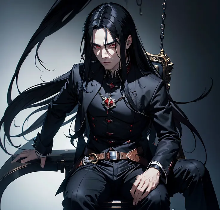 A Noble Vampire man with long black hair With inverted eyes in color and very strong sitting on a throne without a bomb-bursting suit