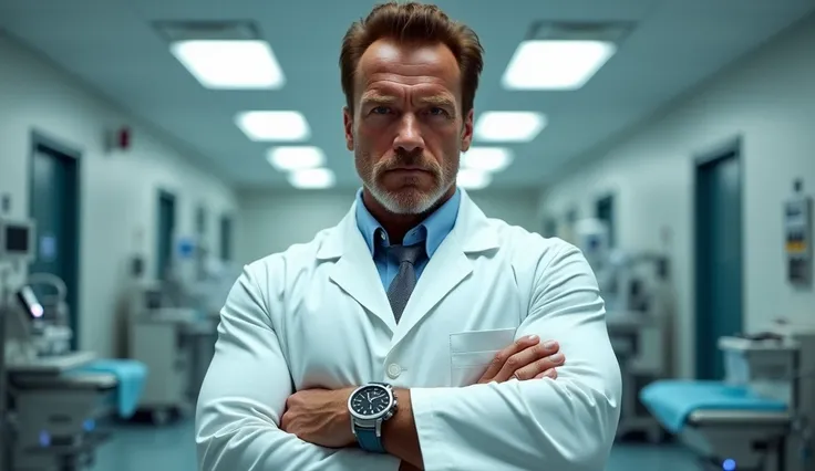 "Create an image of Arnold Schwarzenegger standing in a hospital, dressed in a doctors outfit. He is looking directly at the camera in a close-up view. His wristwatch is prominently displayed, showing the time 20:49 on its face. The background should inclu...