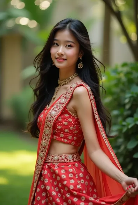 A medium shot of a cute,fair young, and attractive Korean teenage girl full picture with long black open hair.. She is wearing a red and white colour combination traditional gujrati garba dress. She had a medium breast she is standing in a garden 