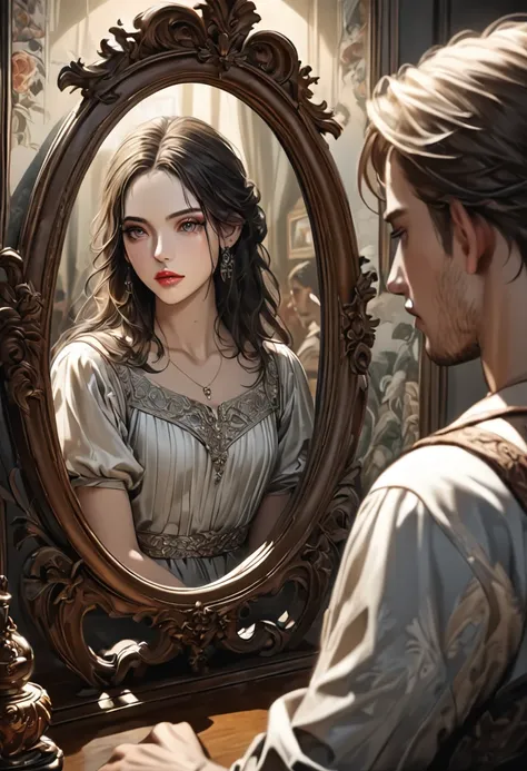 a man sitting in front of an oval mirror, a womans reflection in the mirror, planning your day, genderbend, male to female, detailed face, beautiful detailed eyes, beautiful detailed lips, hyper realistic, photorealistic, 8k, high resolution, detailed faci...