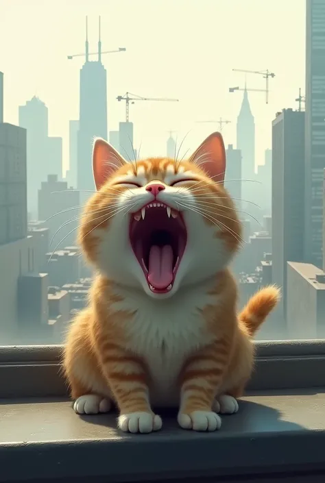 Yawning cat against the backdrop of a city landscape