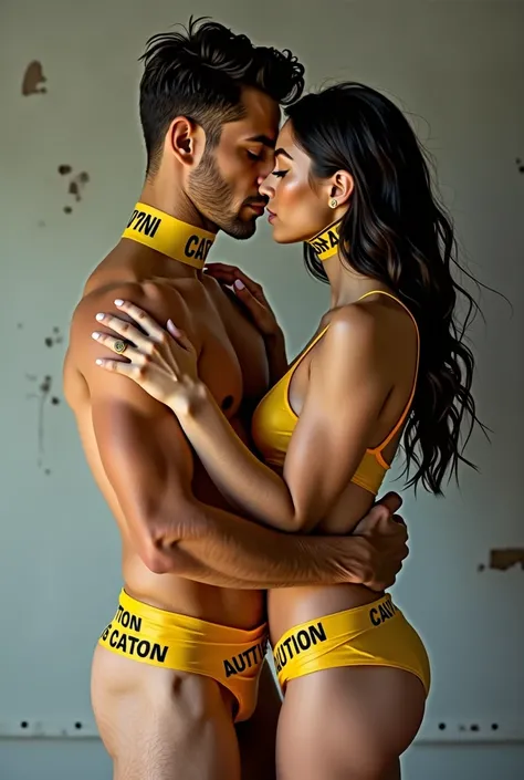 A photo of a beautiful woman and man kissing,dressed in yellow tape that has the word “CAUTION” written in black on it 