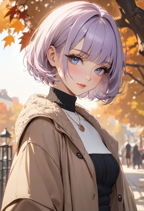 ((Best quality)), ((Masterpiece)), (details), 1 woman, Small breasts, Light purple hair, Blue eyes, ((Short hair)), Bangs , Beautiful face, Beautiful skin, Long eyelashes, Thick eyelashes, , (((Adult women, milf))), detailsที่ซับซ้อน, Fall outfit, Romantic...