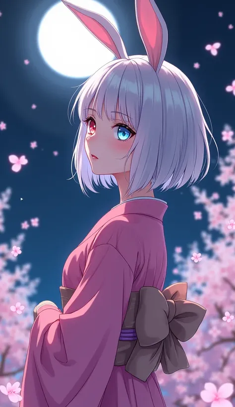 woman。solo, One girl, High resolution, Hair color: silver。Bob hairstyle。anime。Bunny ears。Kimono Pink。Background cherry blossom。Odd Eye。Right eye blue。Left eye red。Odd Eye。whole body。おmoon見。Cherry Blossoms at Night。moon。