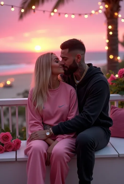 8k; a happy couple kissing; beautiful semi tan caucasian woman with straight longe blonde and blue eye wearing a pink nike sweatsuit with handsome tall man with short black hair with chiseled features with a nice beard, tattoos, big cuban chain  wearing a ...