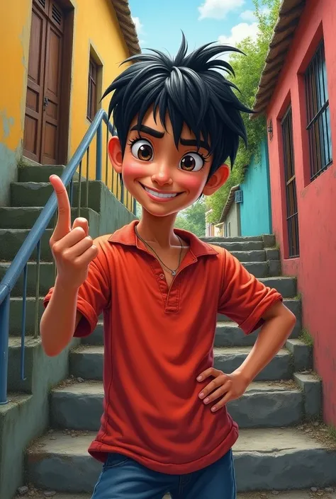 realistic drawing smiling indian boy with black hair as fringe in red shirt on a staircase favela Brazil at home showing the middle finger