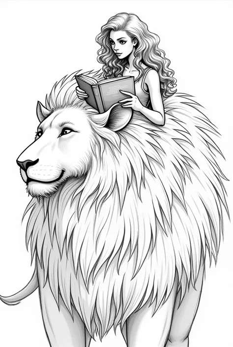 
brunette girl with curly hair reading a book and riding a lion, sketch black and white
