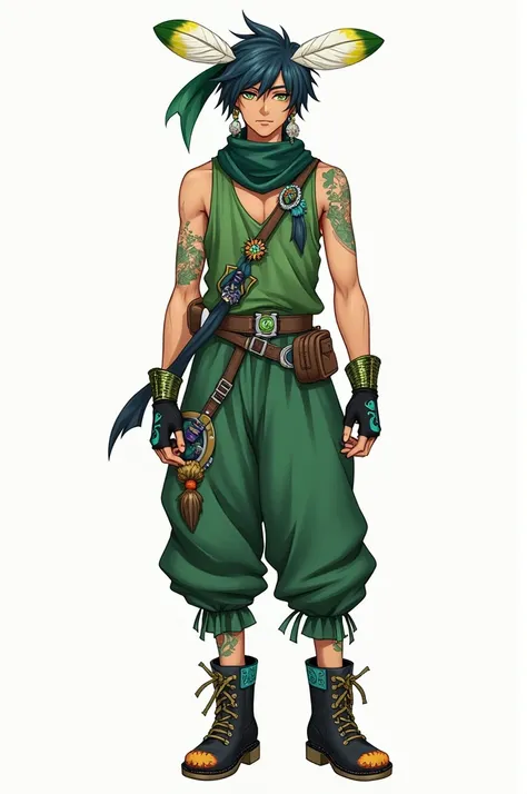 Appearance
Kinich uses the medium male model. Kinich has light tan skin, greenish-yellow eyes, and messy blueish-black hair with green streaks. His left arm is tattooed with green ink and he wears decorated black gloves on both arms. A green head scarf acc...