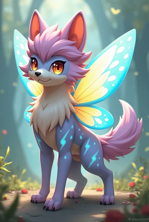 Create a flying fairy type Pokémon based on a dog with a mix of meerkats. It would have fairy wings combined with butterflies and would be bipedal and on its belly there would be lightning symbols and its head would be hairy and its fur would be pastel col...