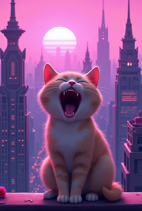 Horizontal wallpaper 1920 x 1080 , which depict a yawning cat against the backdrop of a purple city landscape