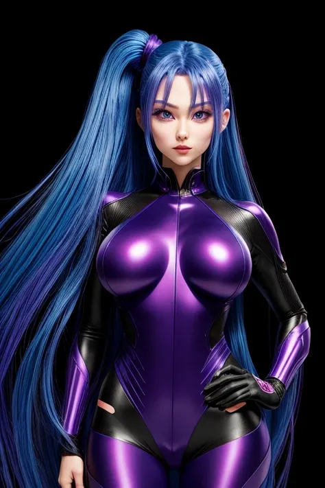 bluish purple hair, absurdly long hair, hairs between eyes, high ponytail, purple eyes, taimanin suit, anime colored