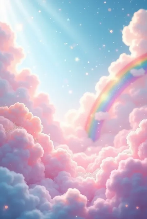 Create a background full of magic with pastel-colored clouds, glitter and rainbows 